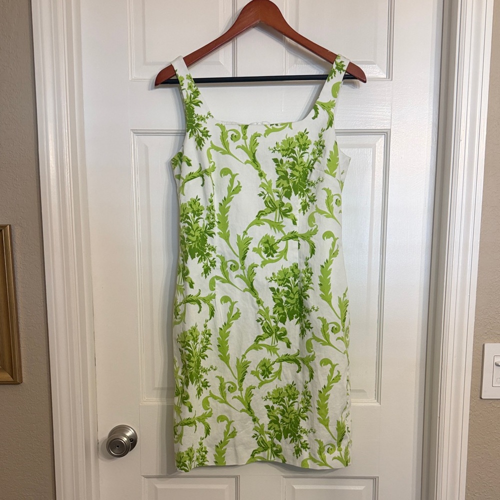 Sara Campbell White Dress with Green Floral Toile Pattern